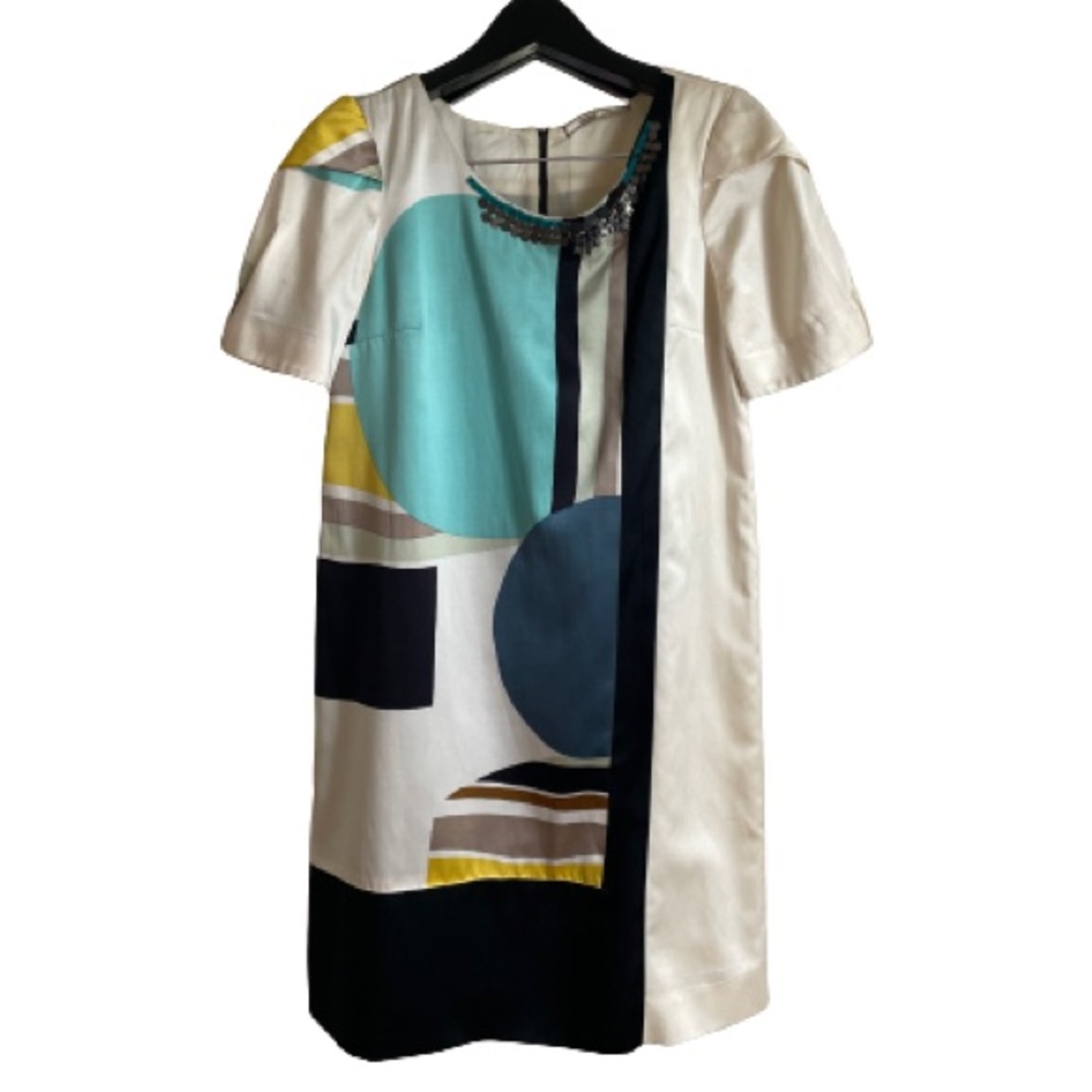 [mint*] Silk Satin Color Block Print Dress, Size 4-6